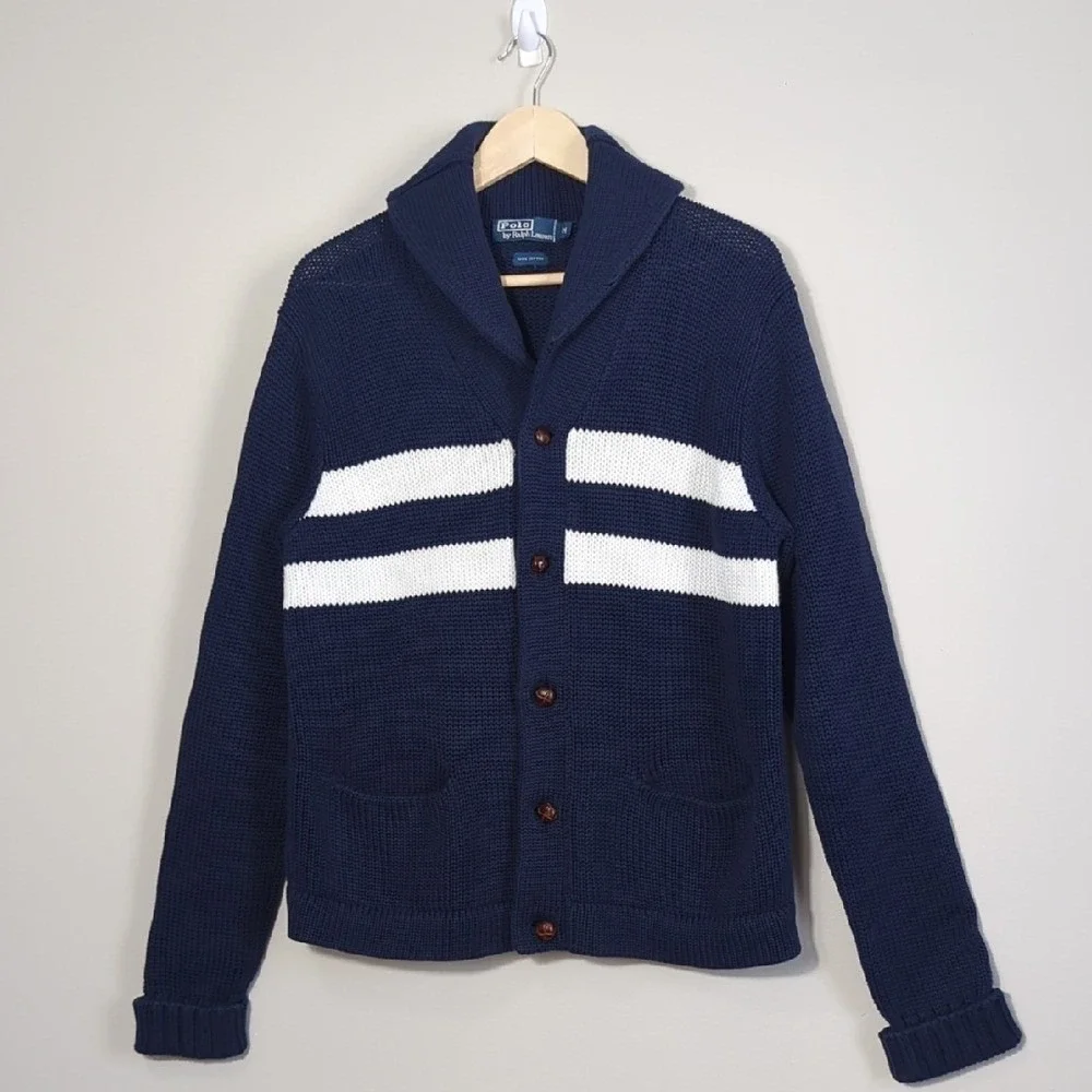 Polo Ralph Lauren Navy‎ Blue Cardigan Sweater Preppy Quiet Luxury Men's Medium